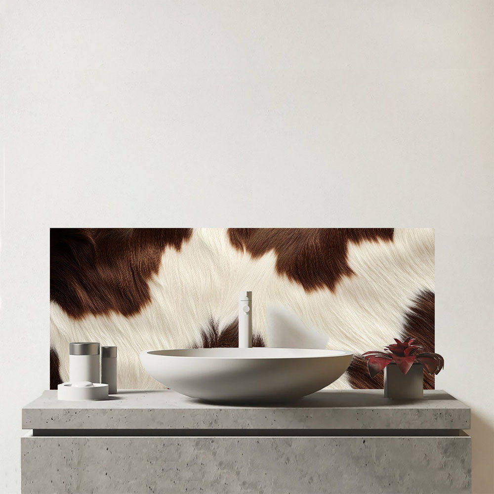 Warren Reed Designer Brown and White Cow Pattern Print Bathroom Splashback 25 x 60cm Image 1