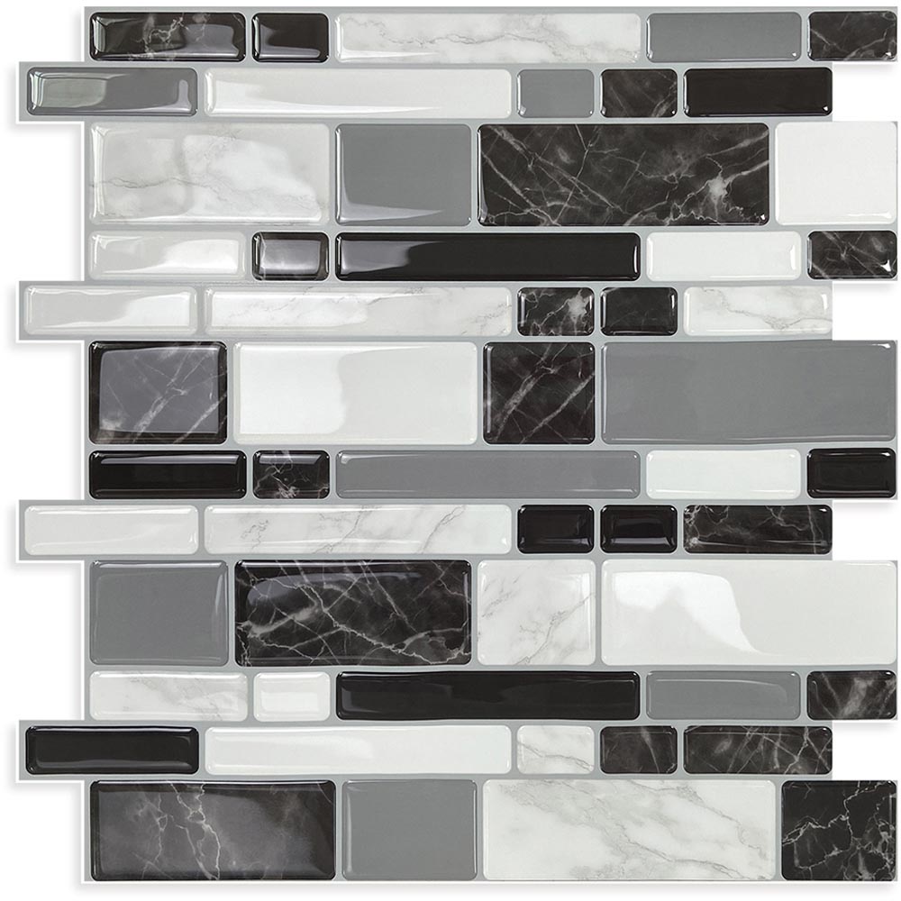 Living and Home 2.5mm Black White and Grey Peel and Stick Backsplash Tile 10 Pack Image 2