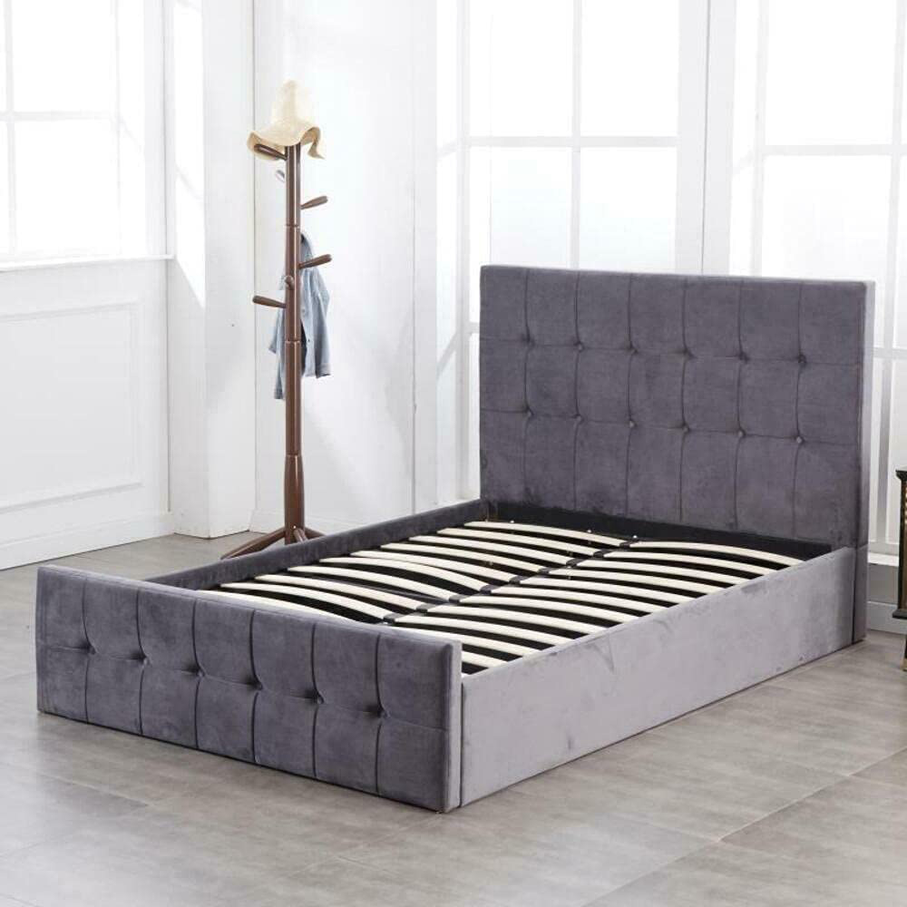 Portland Single Grey Velvet Cushioned Ottoman Bed Image 2