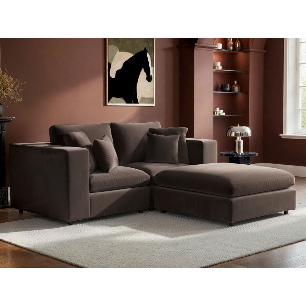 Solace+Co Asher 3 Seater Brown Velvet Sofa with Footstool Image 5
