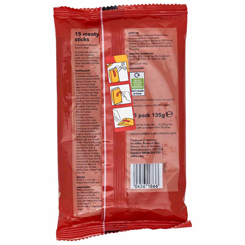 Wilko 15 pack Meaty Sticks with Beef, Chicken and Liver Dog Treats Image 2