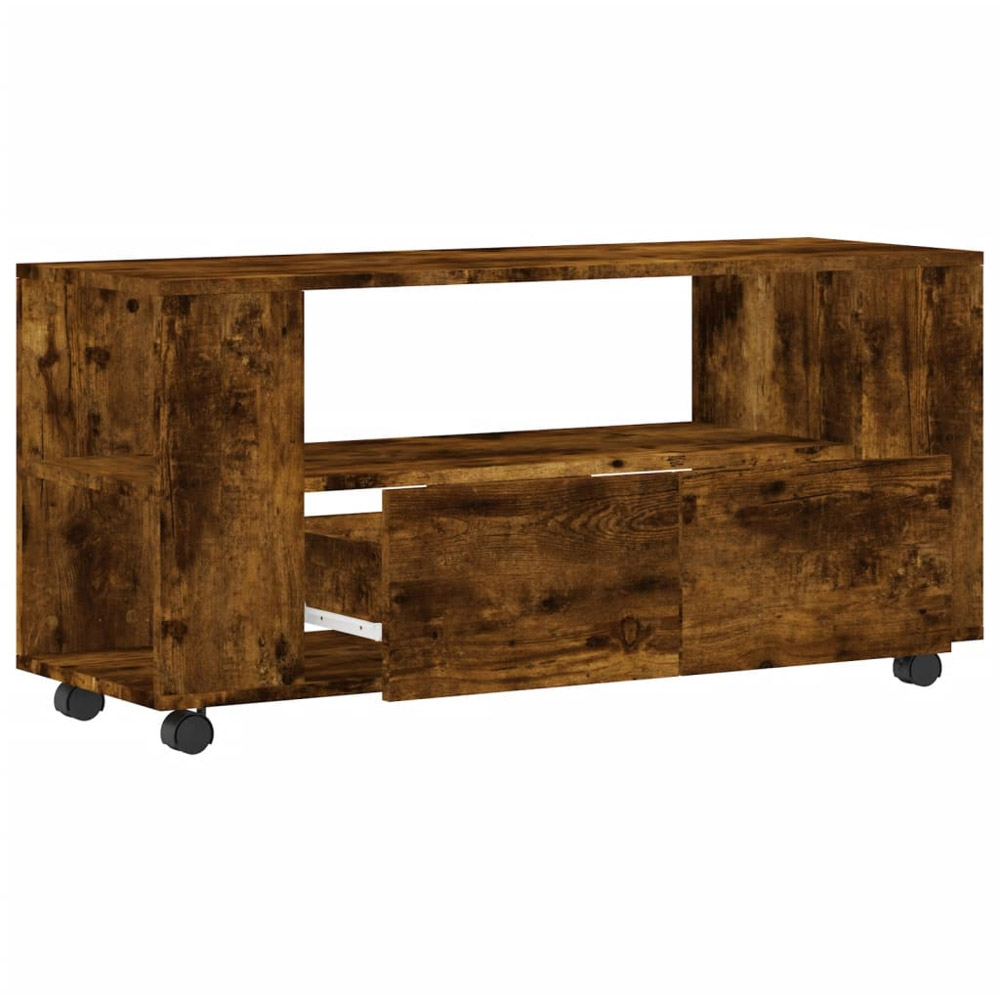 vidaXL 2 Drawer Single Open Shelf Smoked Oak TV Cabinet with Wheels Image 5