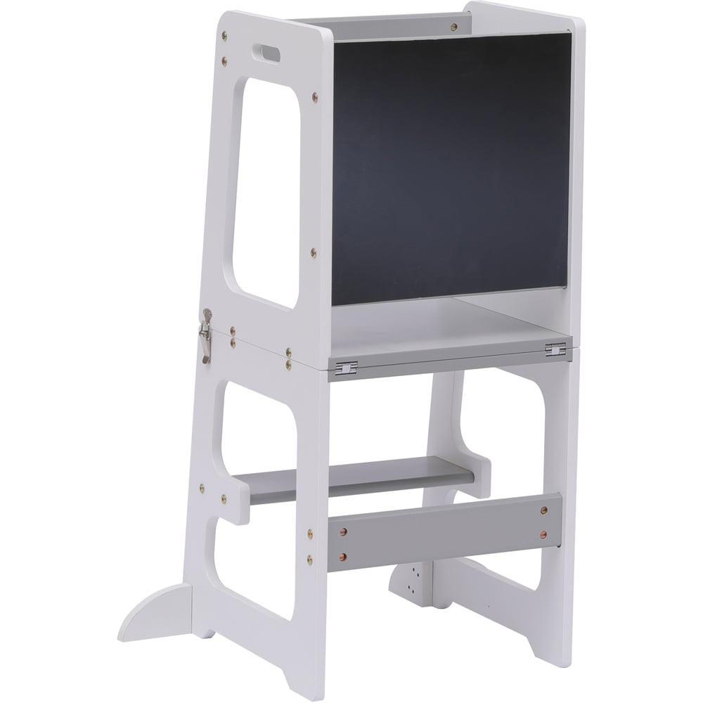 FurnitureHMD 2-in-1 White and Grey Kids Wooden Kitchen Step Stool with Blackboard and Safety Rail Image 3