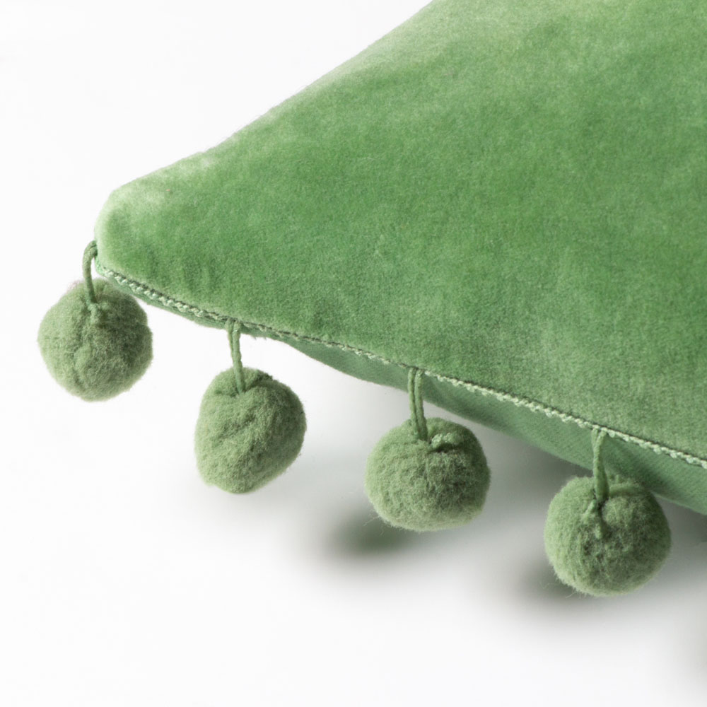 furn. Dora Square Leaf Green Velvet Pom Pom Cushion Image 4