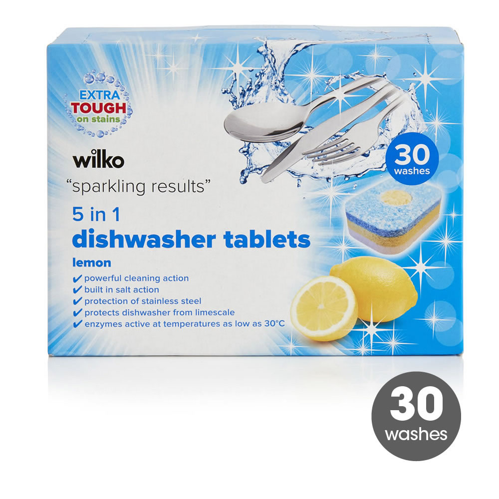 Wilko 5 in 1 Lemon Dishwasher Tablets 30 pack Image 1
