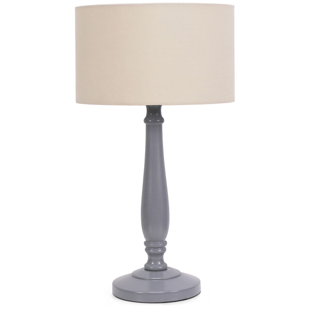 ValueLights Victoria Natural Fabric Drum Shade Grey Wood Traditional Stem LED Table Lamp Image 1