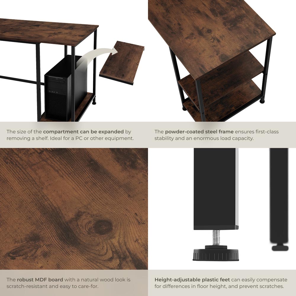 tectake Donegal 2 Shelf Industrial Dark Wood Office Desk Image 4