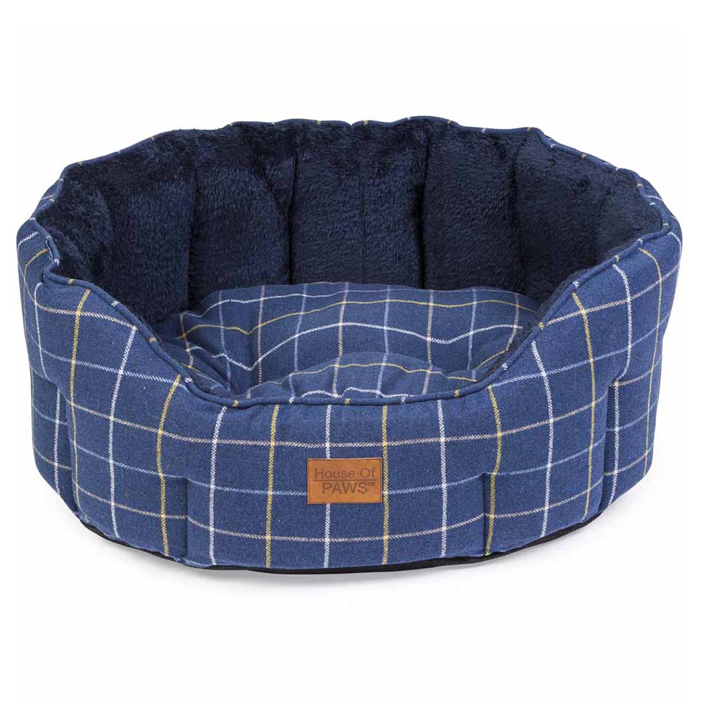 House Of Paws Navy Check Tweed Oval Snuggle Dog Bed Small Image 1