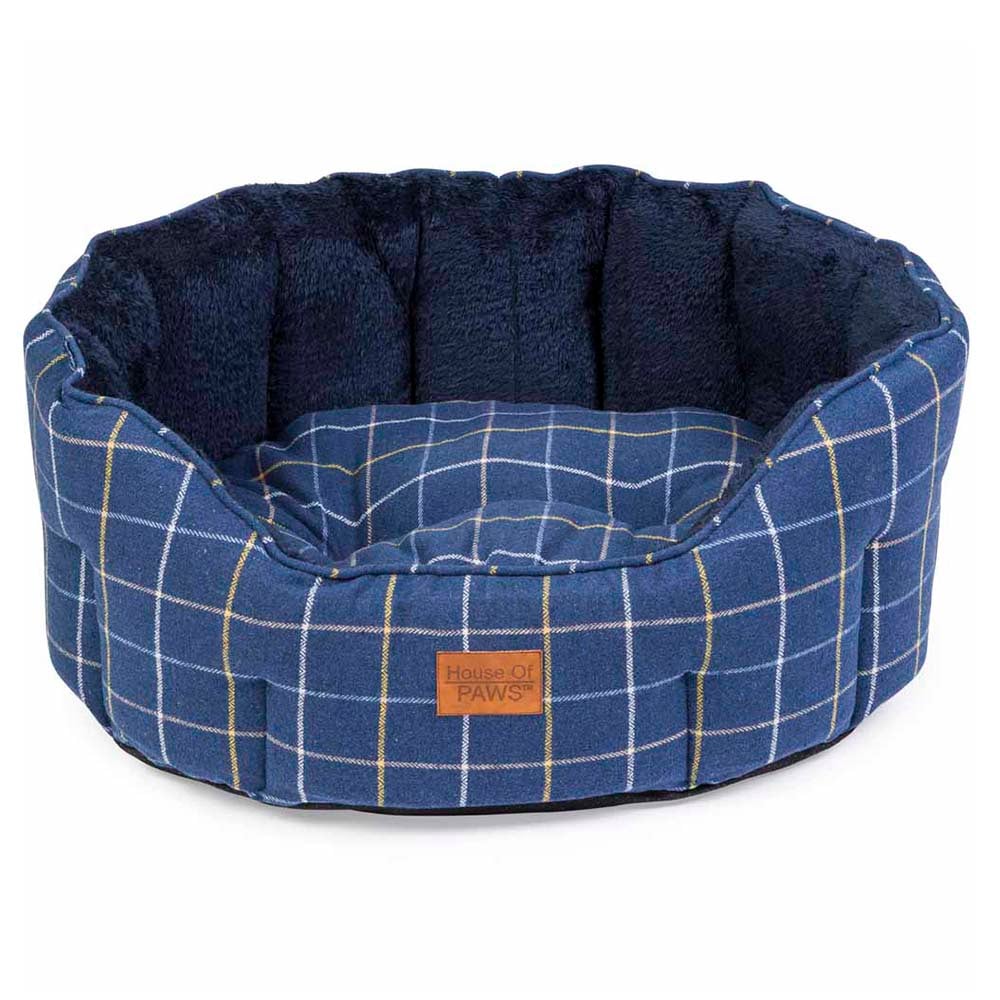 House Of Paws Navy Check Tweed Oval Snuggle Dog Bed Medium Image 1