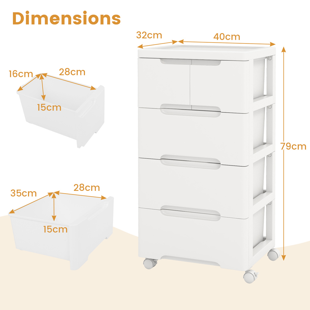 Costway 4 Drawer White Vertical Rolling Storage Cabinet Image 9