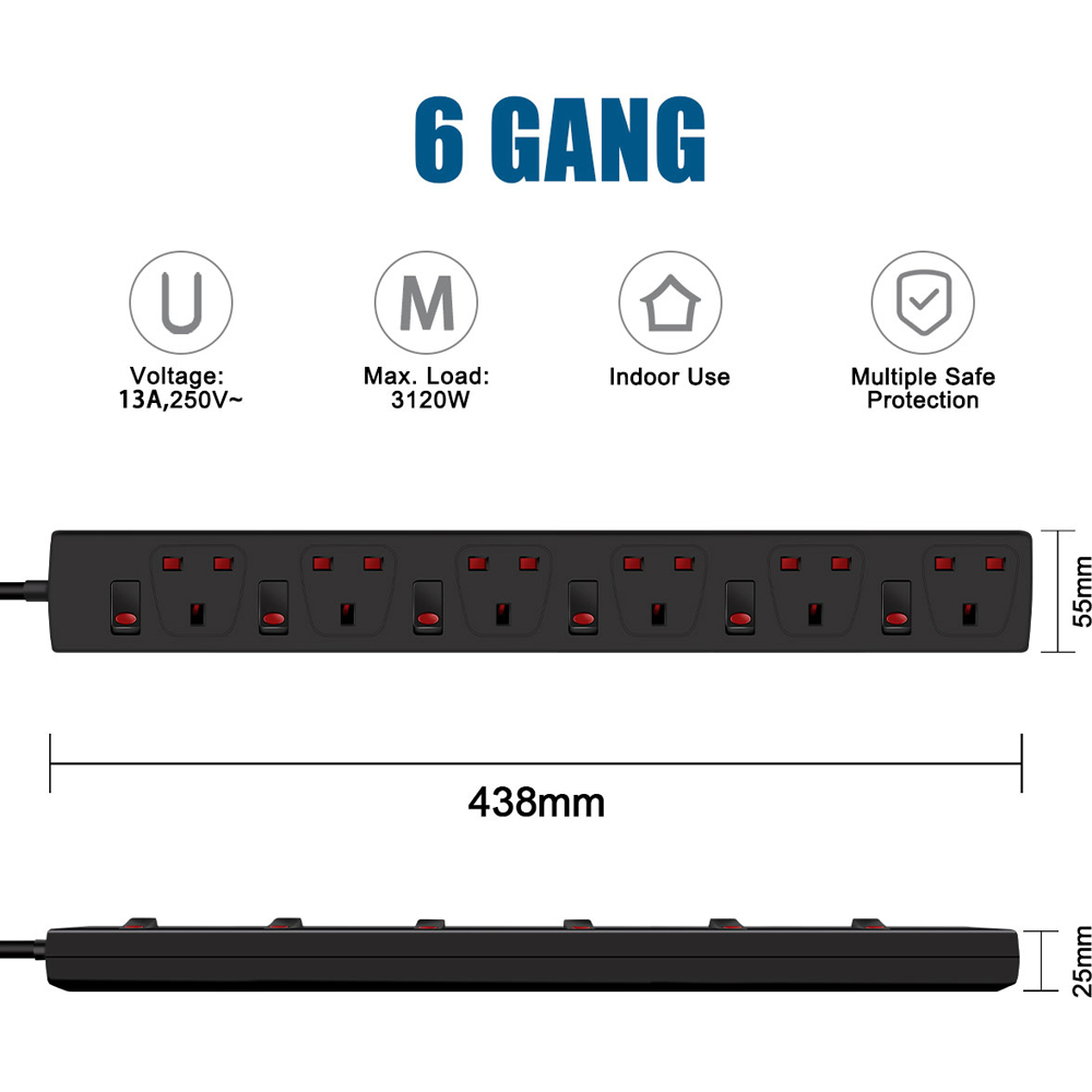 ExtraStar 13A 2m 6 Socket Child Resistant Black Extension Lead with Indicate Light and Individual Switch Image 6