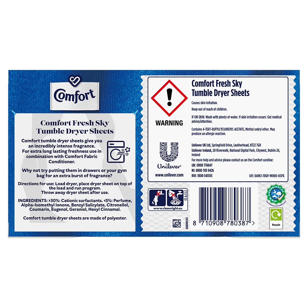 Comfort Intense Tumble Dryer Sheets Fresh Sky 20 Sheets Wilko