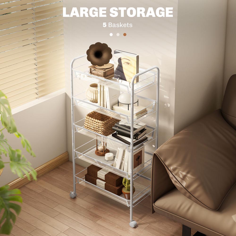 HOMCOM 5-Tier White Utility Rolling Cart with Removable Mesh Baskets Image 8