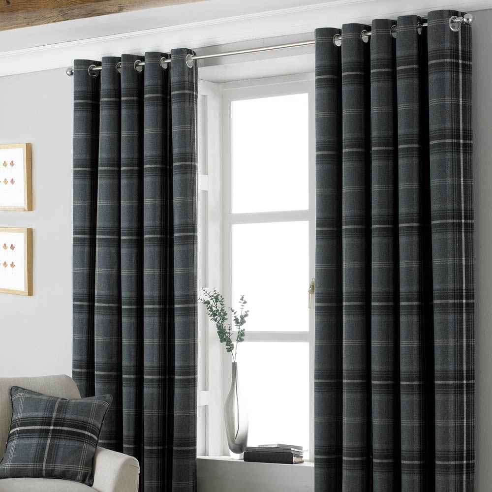 Paoletti Aviemore Grey Tartan Check Eyelet Curtain 168 x 183cm Image 1