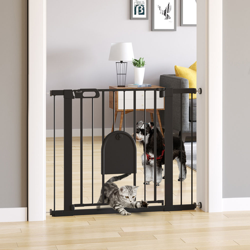 PawHut Black 75-103cm Stair Pressure Fit Pet Safety Gate with Small Cat Flap Image 2