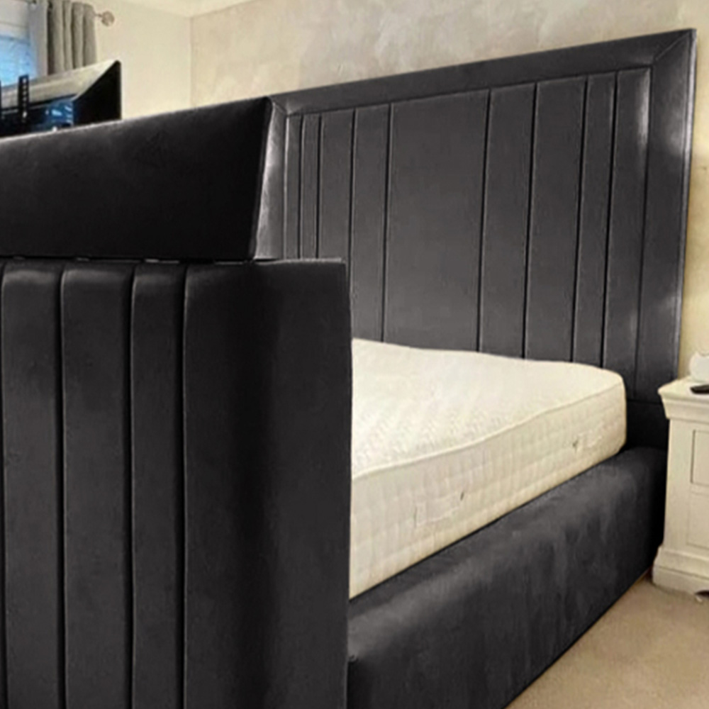 Eleganza Home Genna King Size Black Plush Velvet TV Bed Frame with Lined Headboard Image 2