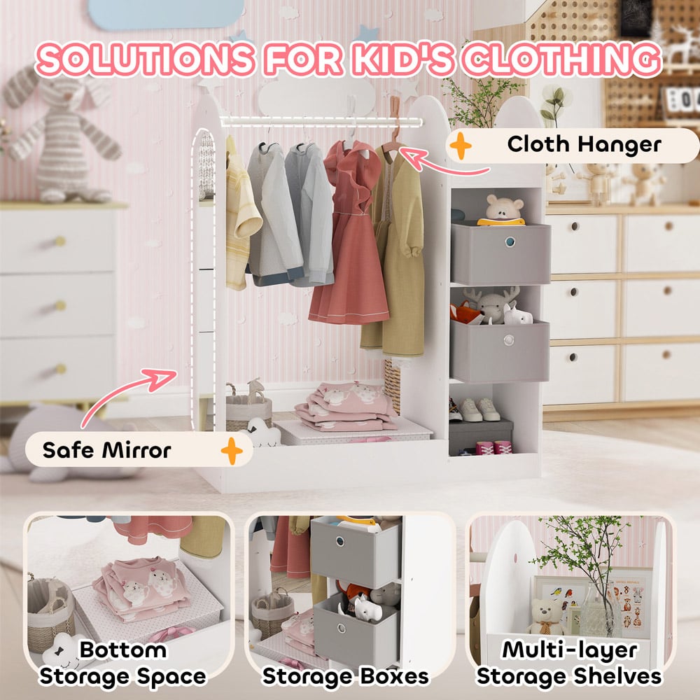 AIYAPLAY White Kids Cloth Rail with Storage Shelf and Mirror Image 5