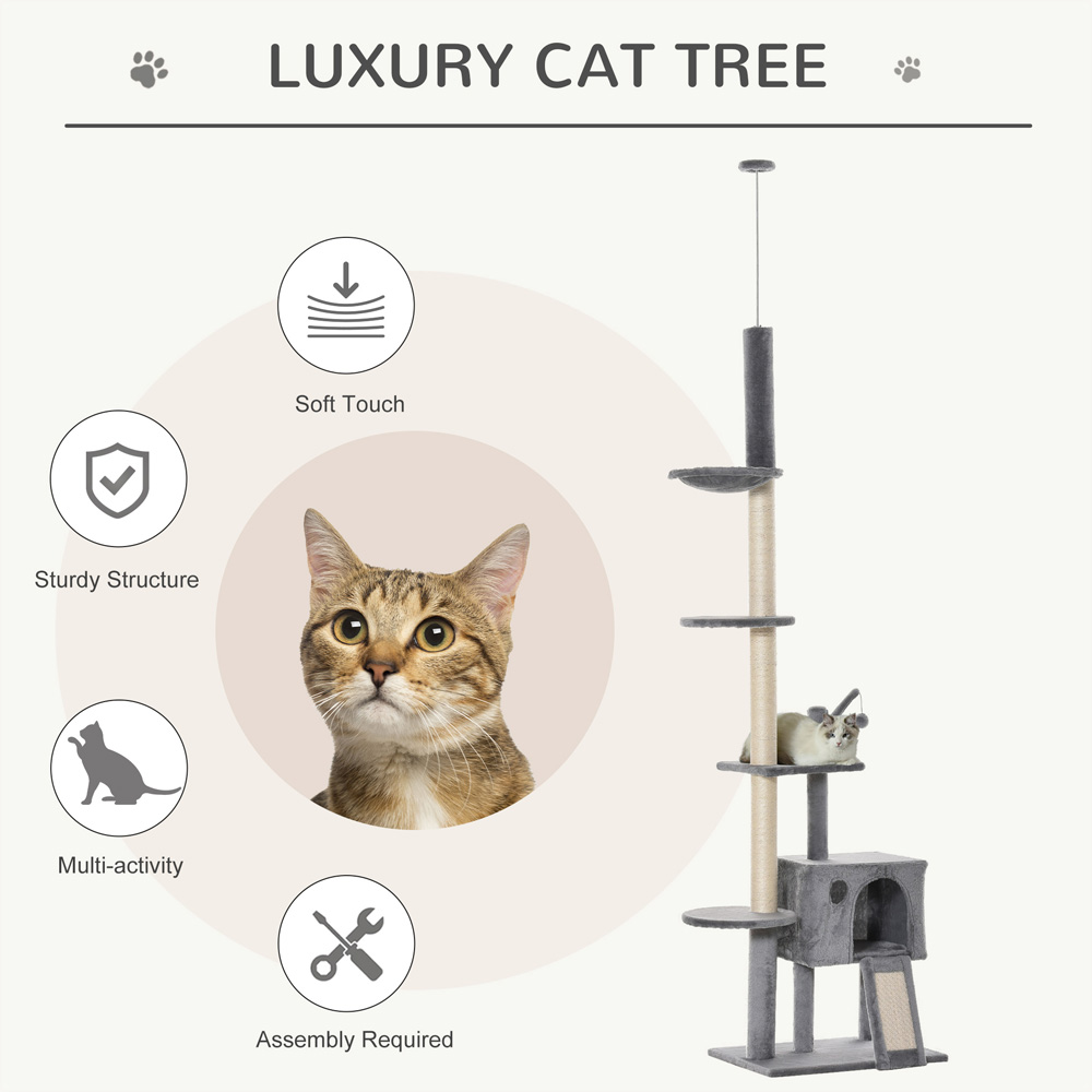 PawHut 238-270cm Light Grey Cat Tree Tower with Sisal Scratching Post Image 4