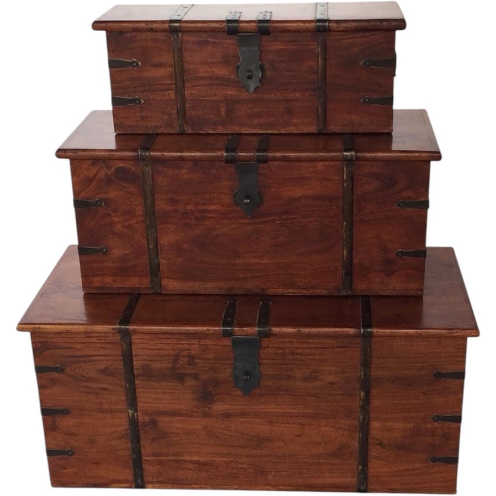 Acacia Home Brown Wooden Chest 101cm Set of 3 Image 2