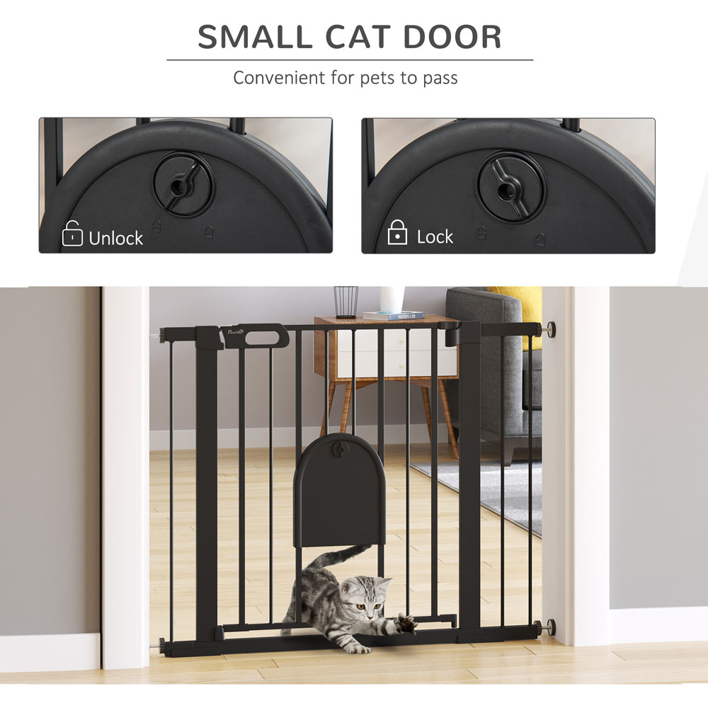 PawHut Black 75-103cm Stair Pressure Fit Pet Safety Gate with Small Cat Flap Image 6