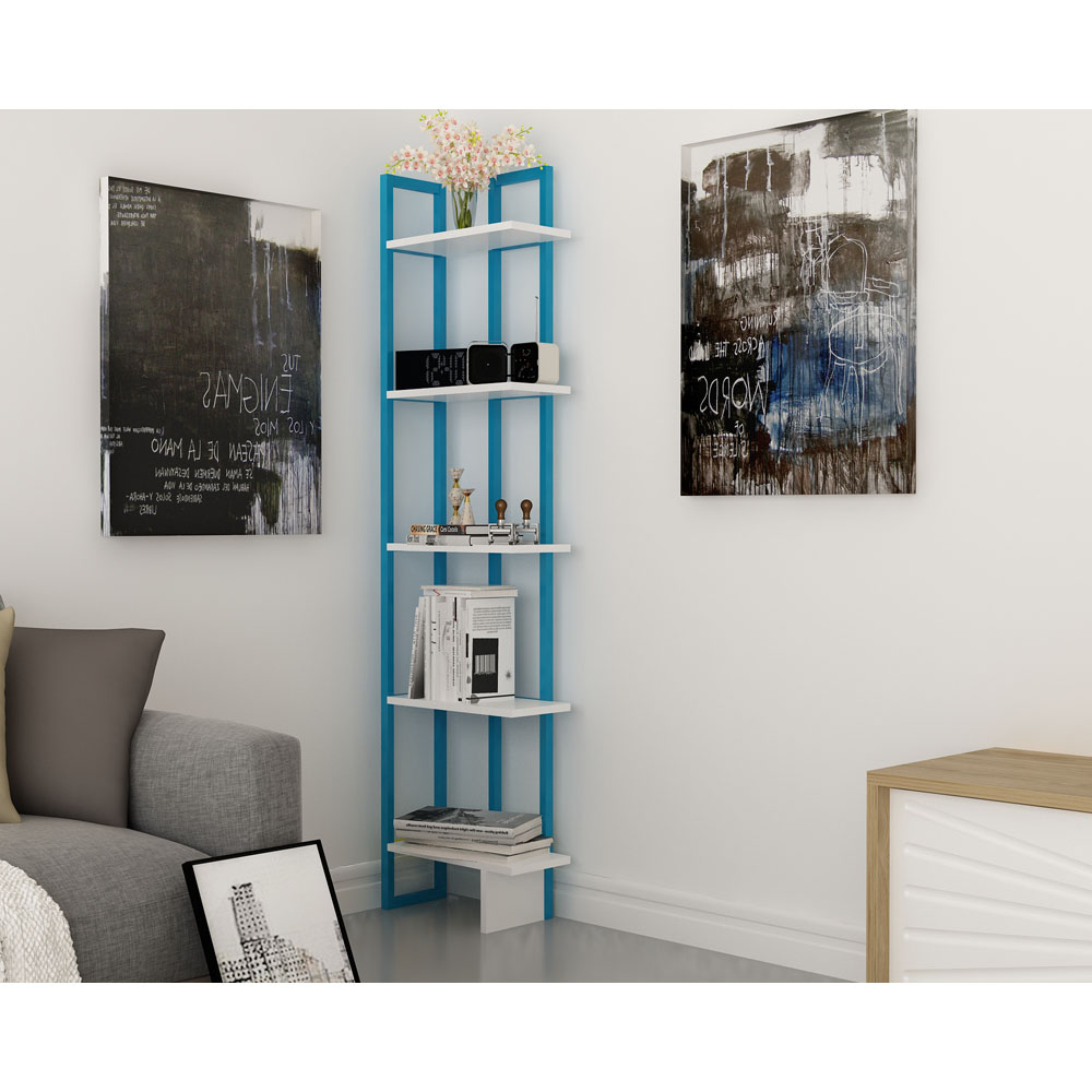 Decorotika Alice 5 Shelf White and Blue Corner Bookcase Image 3