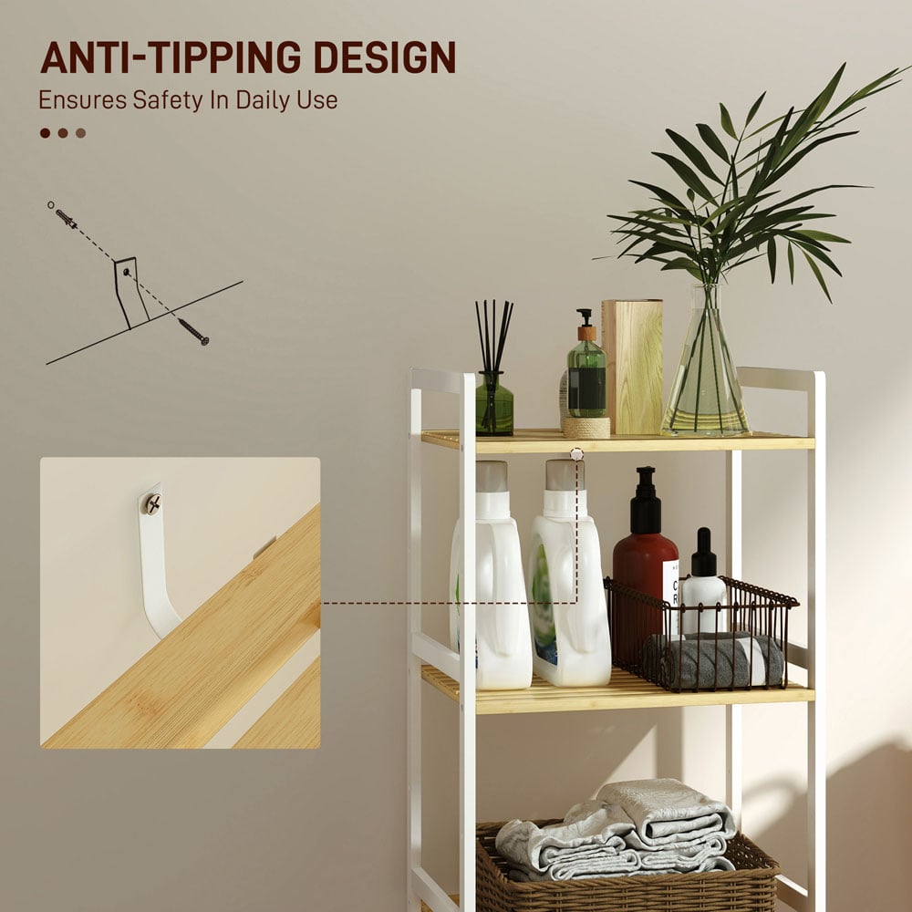 HOMCOM 3 Shelf White Adjustable Bamboo Bathroom Storage Shelf Image 6