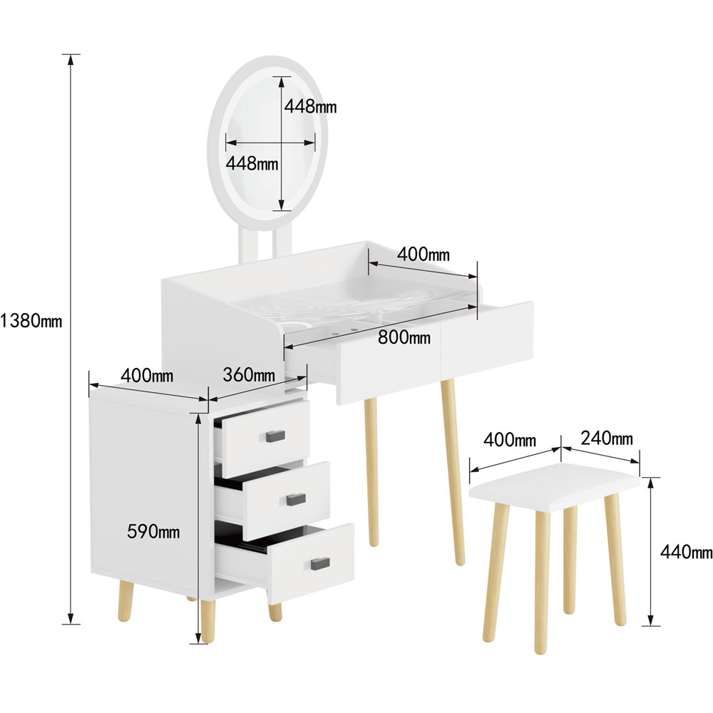 Home Source Nova 5 Drawer White Vanity Table and Cushioned Stool Set with LED Mirror Image 9