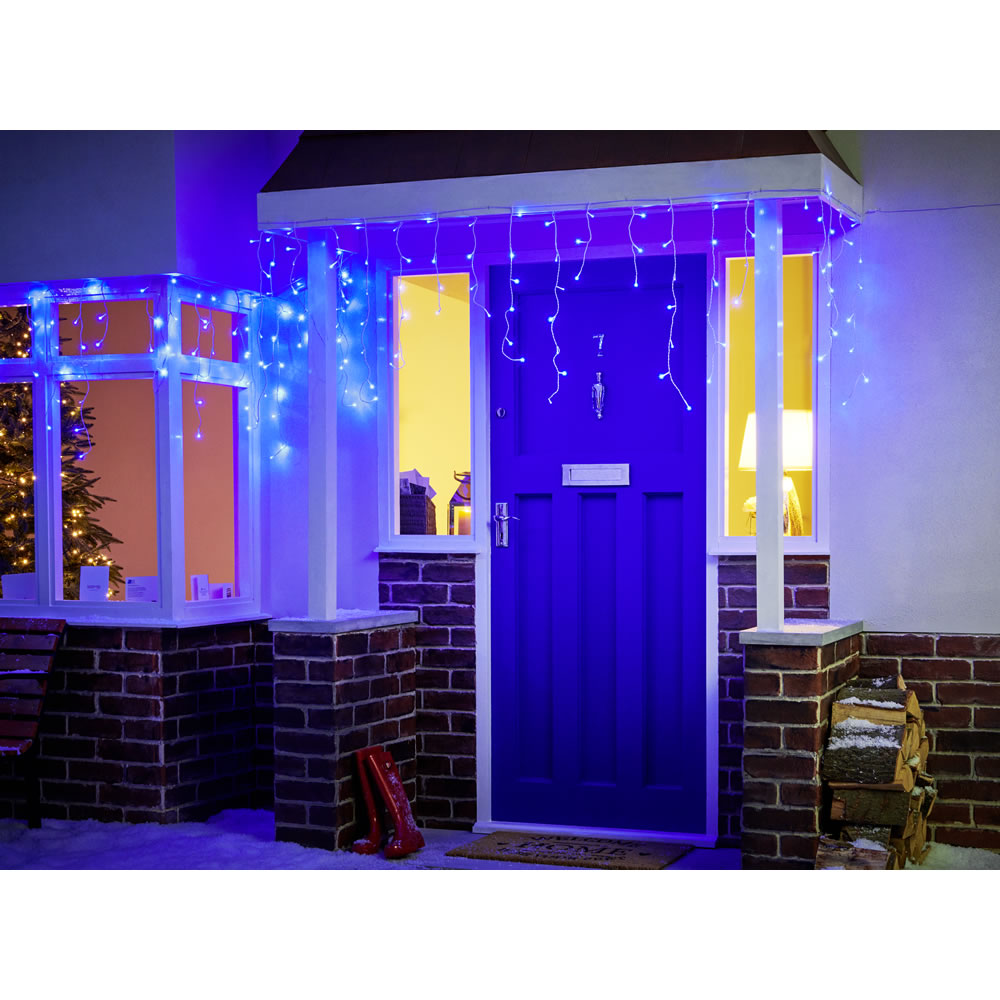 Wilko 200 Blue LED Icicle Christmas Lights with White Cable Image 1