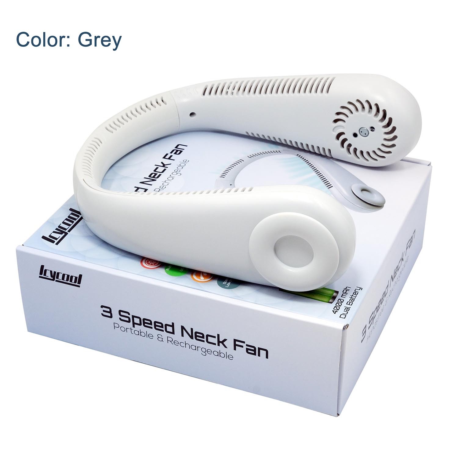 Icycool Grey 3 Speed Rechargeable Neck Fan 4000mAh Image