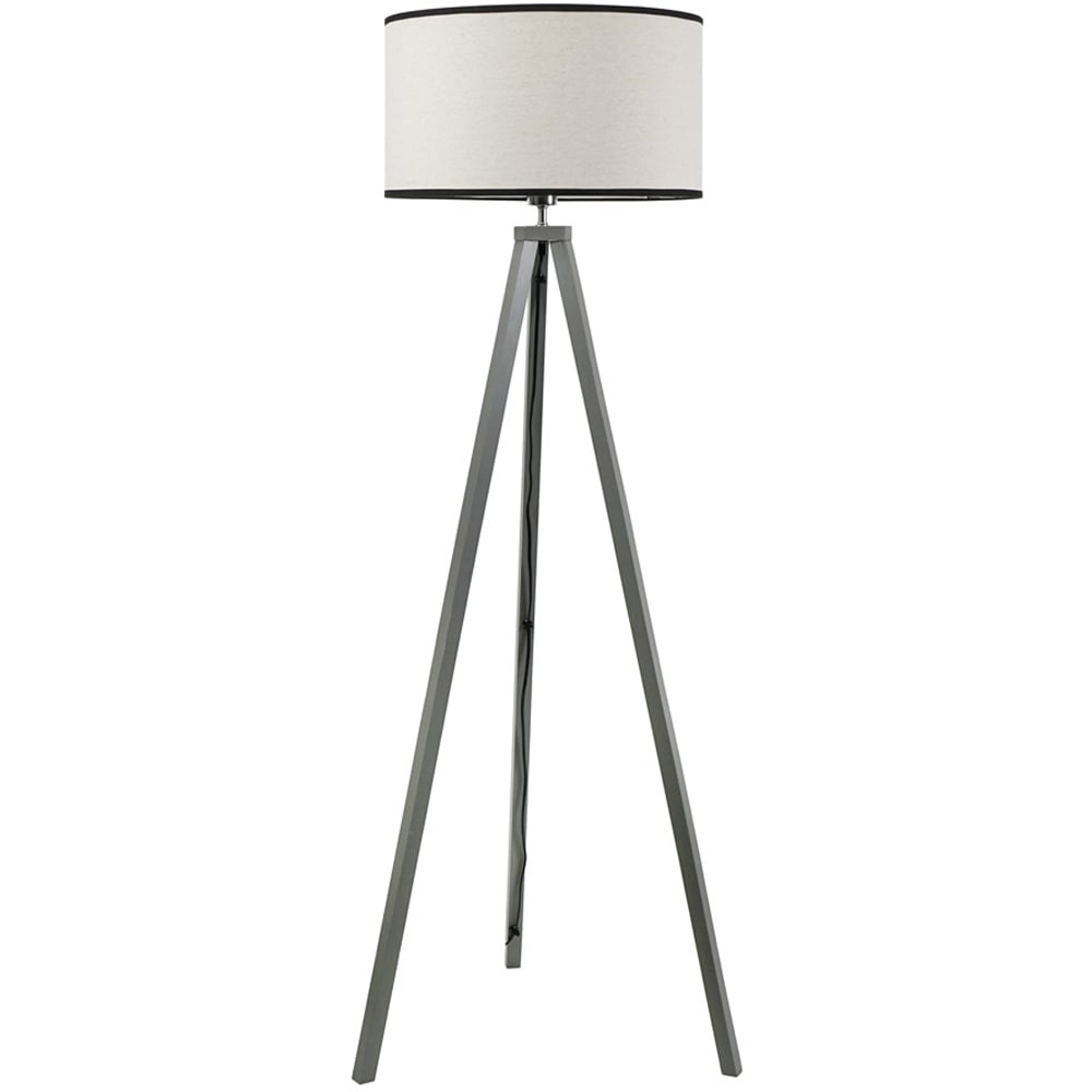 ValueLights Barbro Natural Linen Black Edge Drum Shade Grey Wood Tripod LED Floor Lamp Image 1