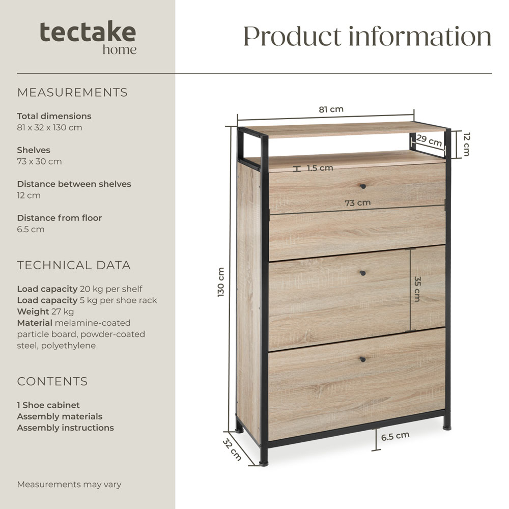Tectake Single Shelf 3 Tilt Drawer Oak Wood Light Slim Storage Rack 32 x 81cm Image 9