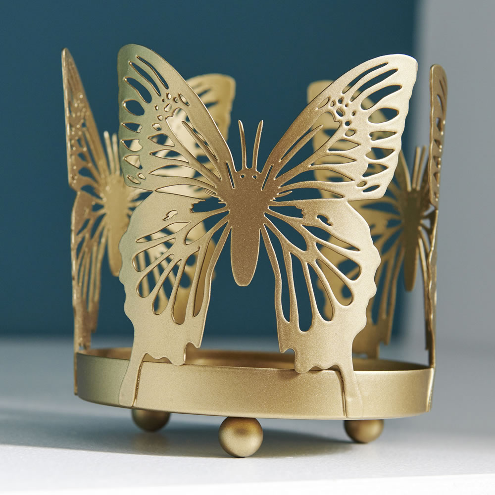 Wilko Gold Butterfly Patterned Metal Tealight Holder Image 2