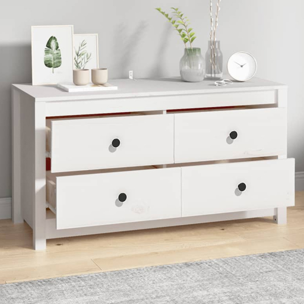 vidaXL 4 Drawer White Solid Pine Wood Sideboard Image 1