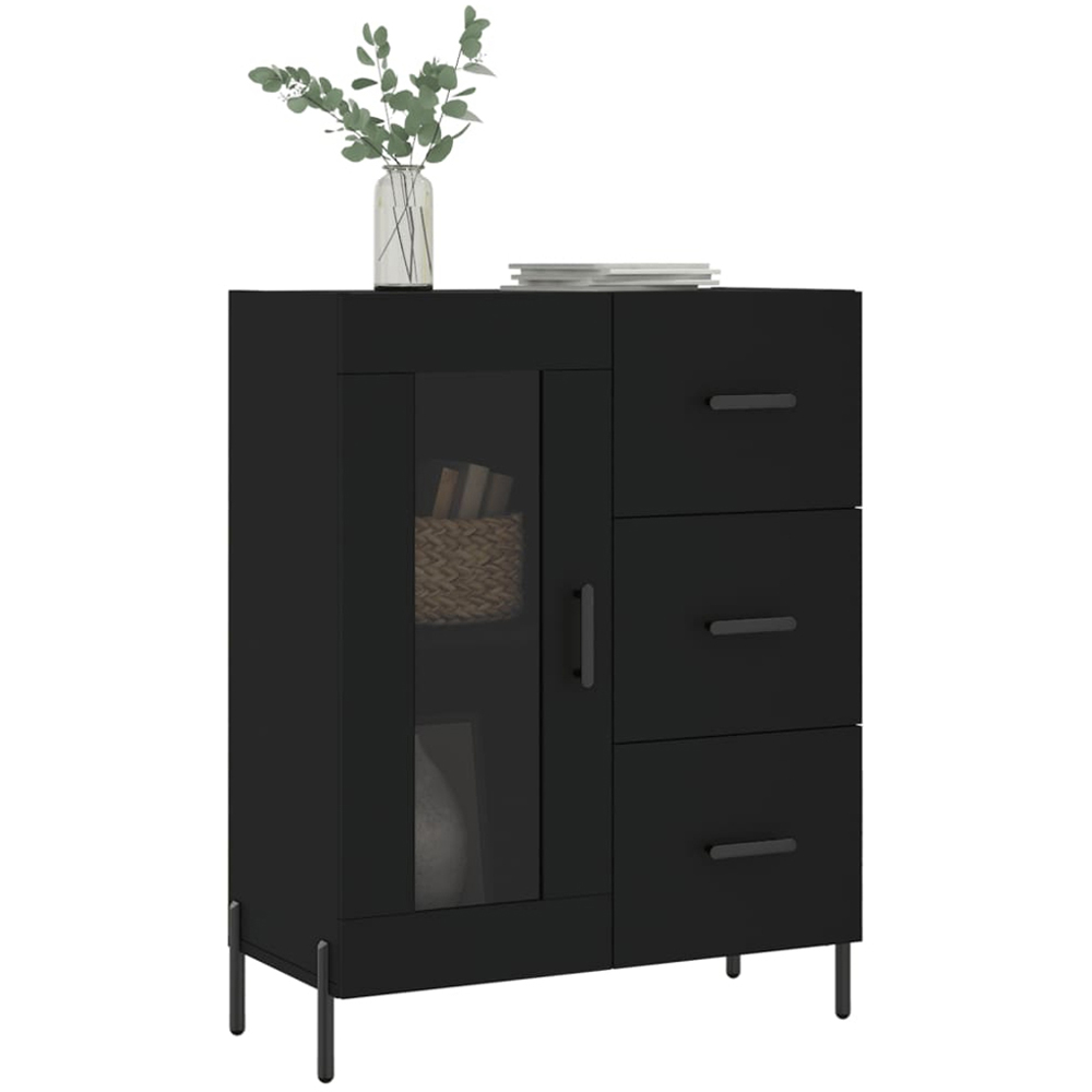 vidaXL Single Glass Door 3 Drawer 2 Shelf Black Wooden Sideboard Image 3