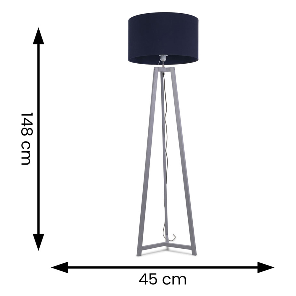 ValueLights Lottie Navy Blue Fabric Drum Shade Grey Wood Tripod LED Floor Lamp Image 4