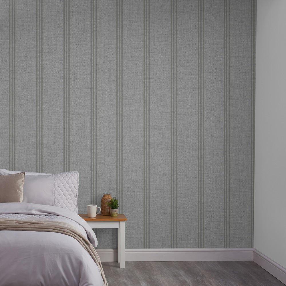 Superfresco Colours Linen Ticking Stripe Grey Wallpaper Wilko