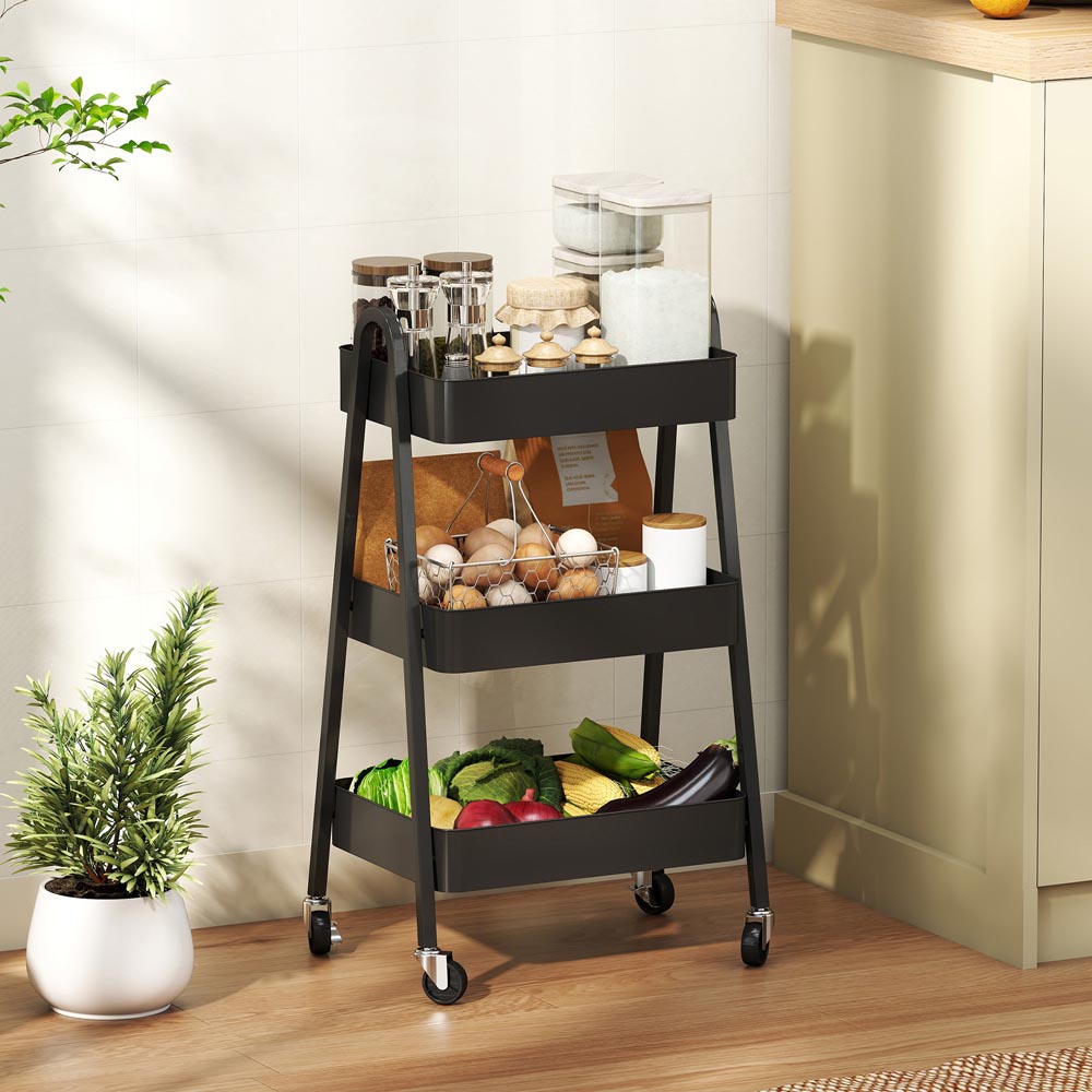 HOMCOM 3-Tier Black Kitchen Storage Trolley Image 2