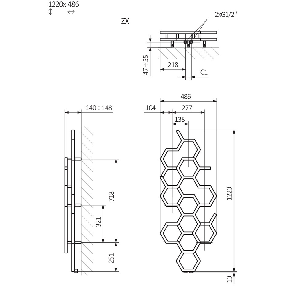 Terma Hex 1180 BTU Sparkling Grey Radiator 1220 x 486mm Image 9