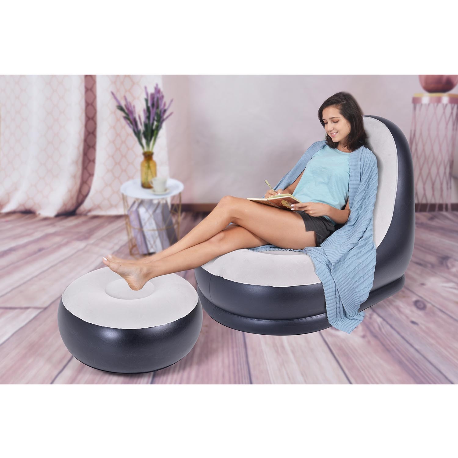 Avenli Black and White Inflatable Vinyl Lounger with Stool Image 3