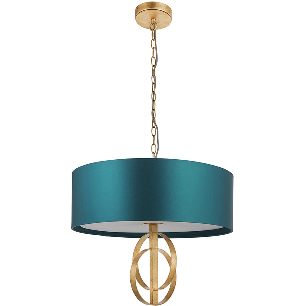 Merano Trento Antique Gold and Teal Satin Fabric 3 Light Pendant Ceiling Light Image 1