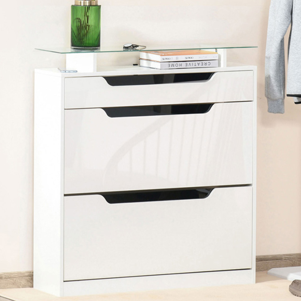 Portland 3 Drawer White High Gloss Shoe Cabinet Image 1