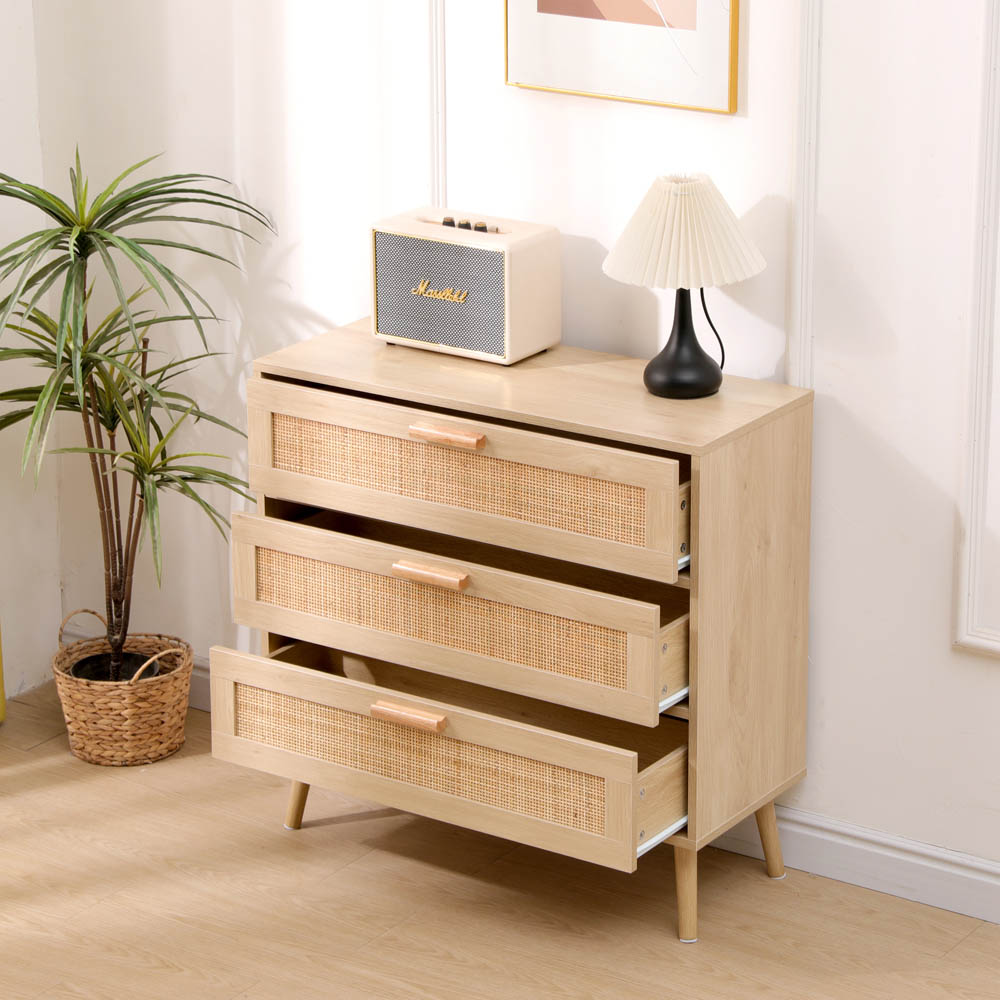 FurnitureHMD 3 Drawer Natural Rattan Woven Front Wooden Chest of Drawers Image 7