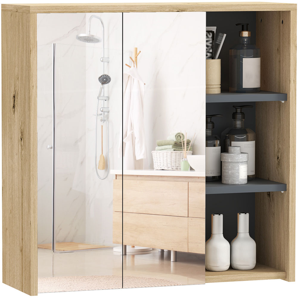 HOMCOM 2 Door 3 Shelf Natural Wall Mounted Mirror Bathroom Storage Cabinet Image 2