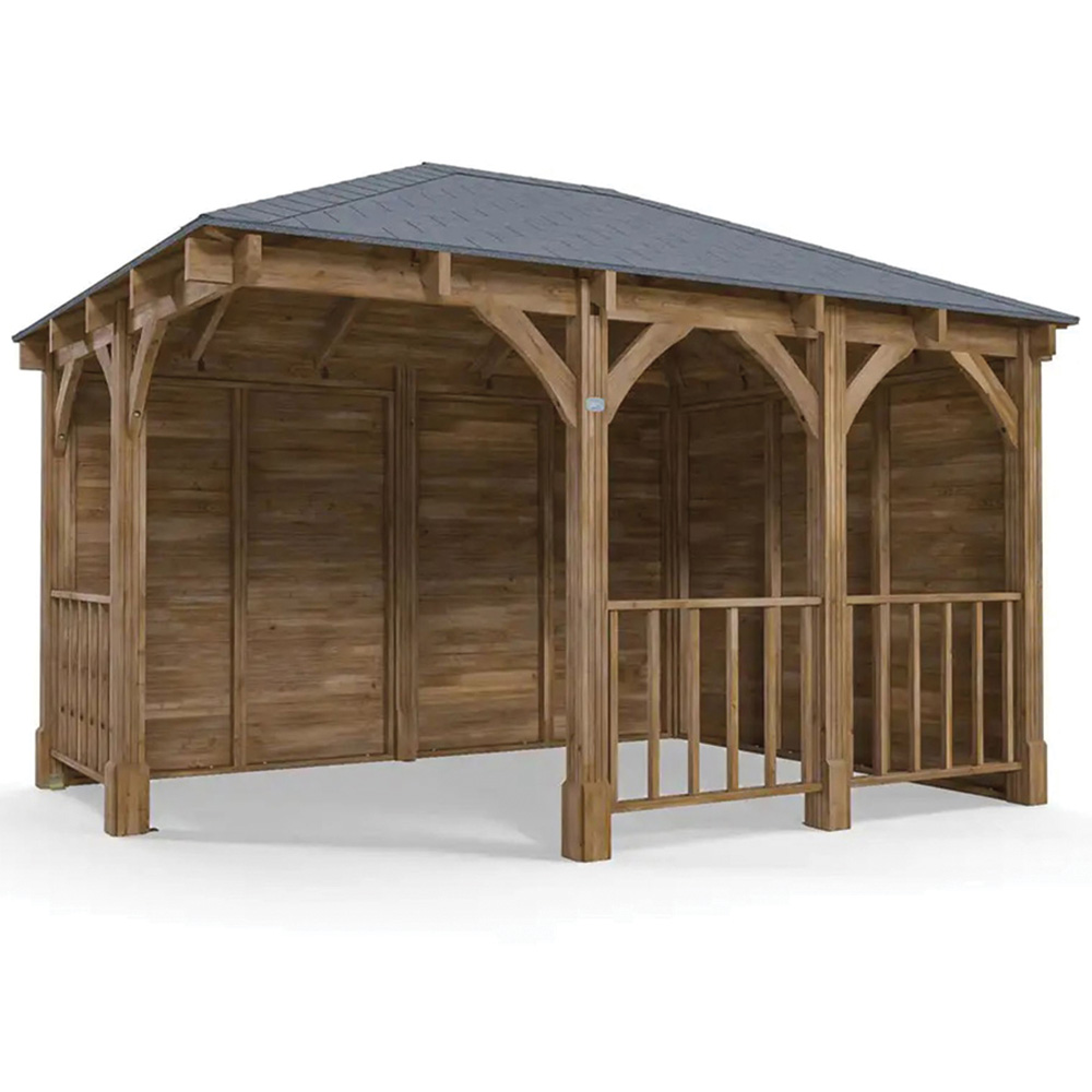 Dunster House Leviathan 4 x 3m Brown Corner Garden Gazebo with Wooden Roof Shingles Image 2