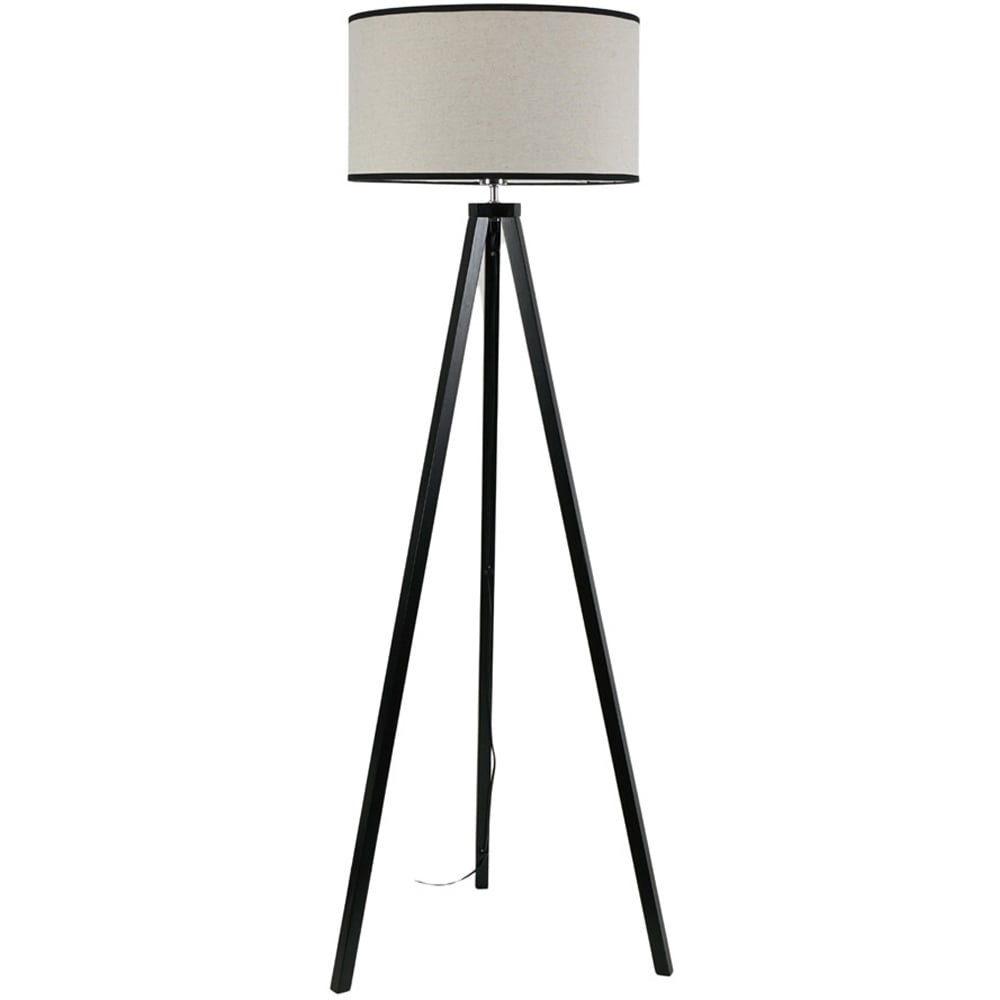 ValueLights Barbro Natural Linen Black Edge Drum Shade Black Wood Tripod LED Floor Lamp Image 1