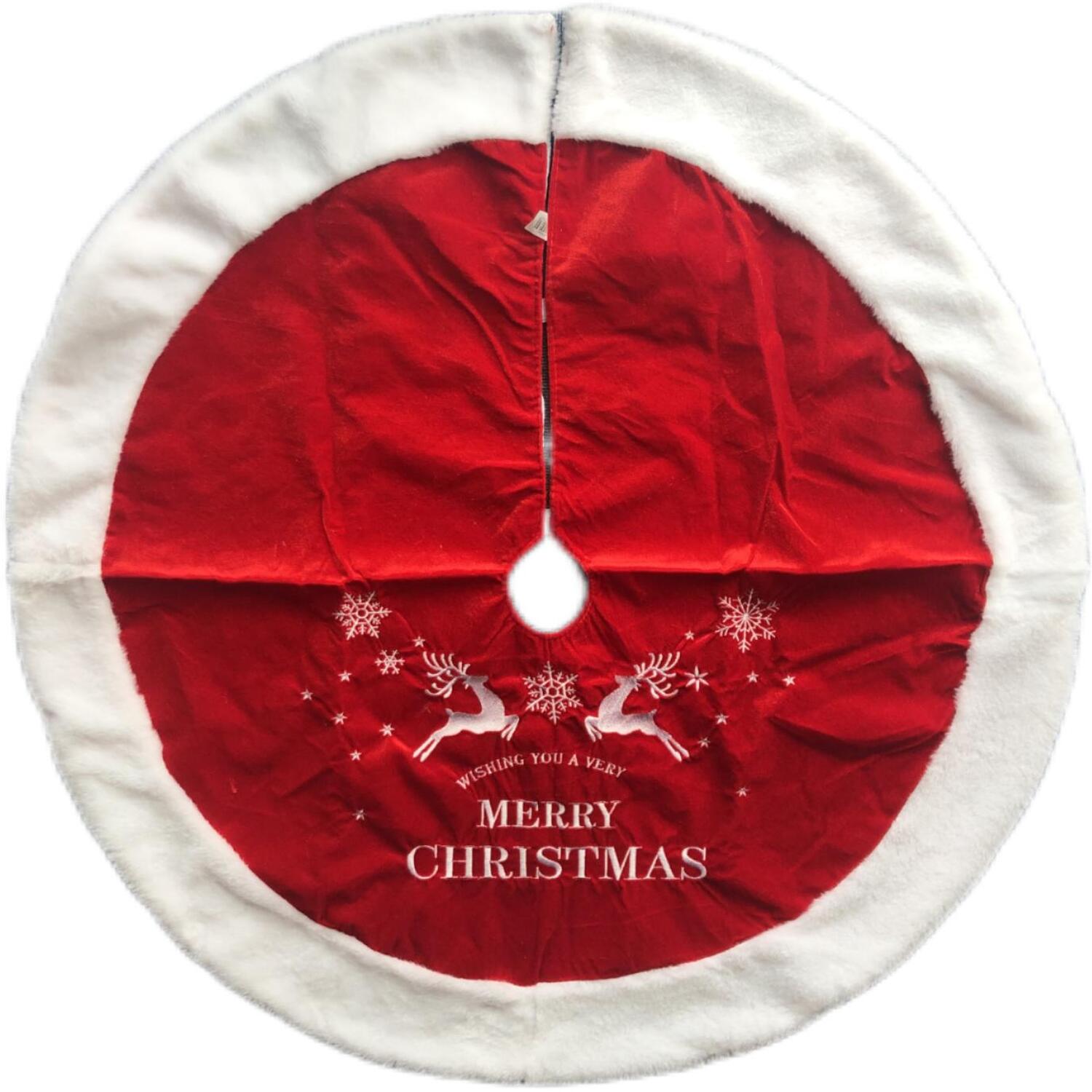 Velvet Xmas Tree Skirt with Embroidery - Red Image