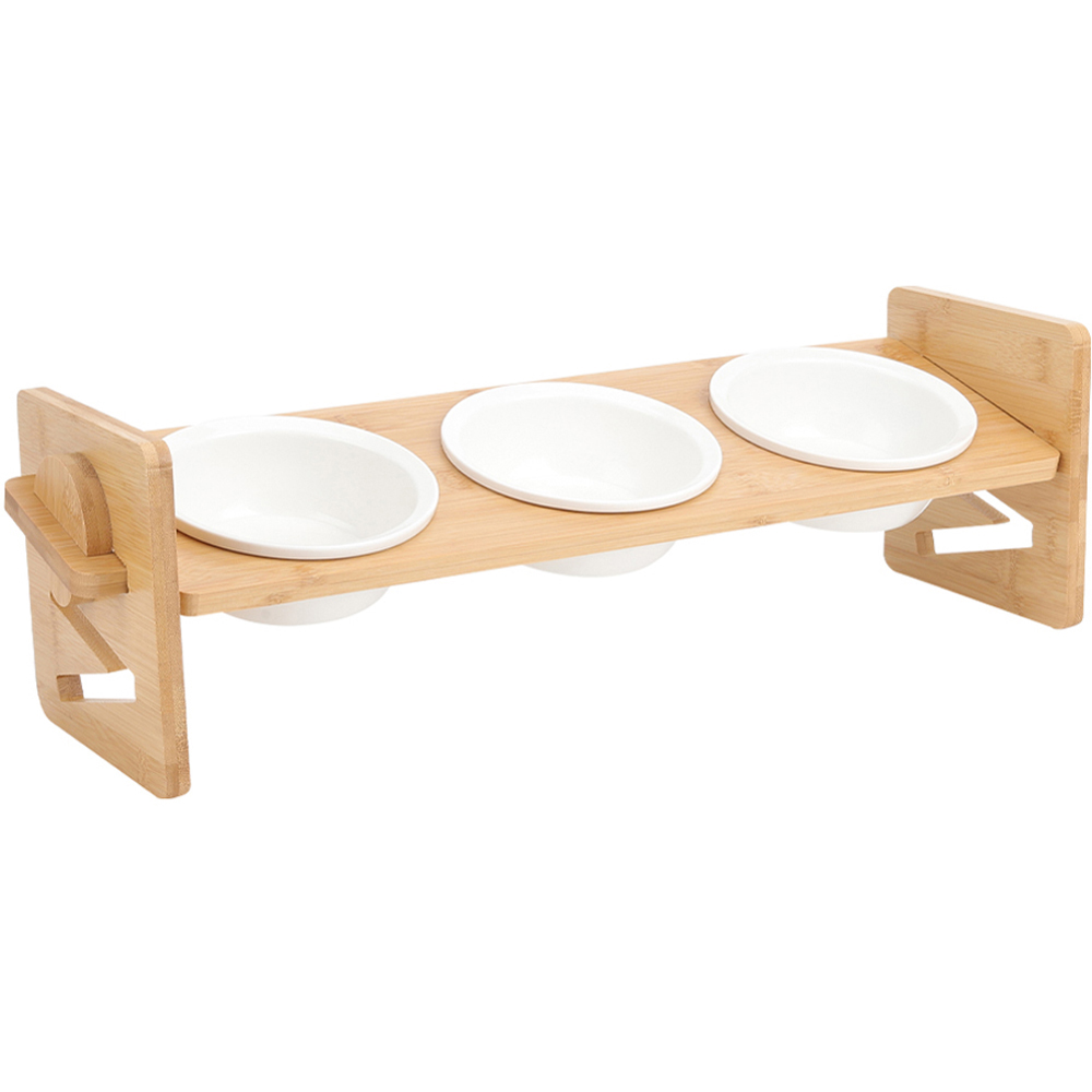 H&O Direct Triple Bowl Height Adjustable Bamboo Pet Feeder Image 1