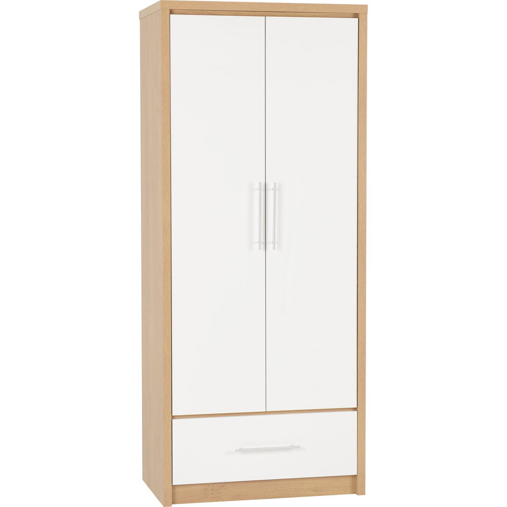 Seconique Seville 2 Door Single Drawer White Gloss Light Oak Effect Veneer Wardrobe Image 2