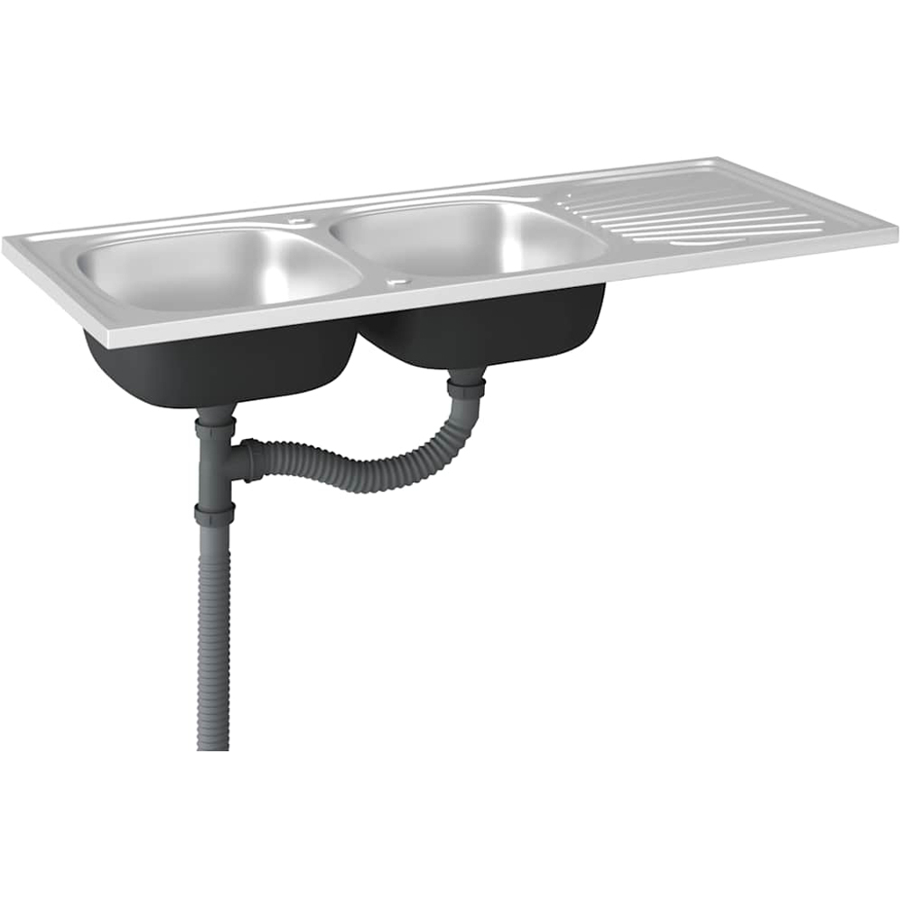 vidaXL Silver Stainless Steel Kitchen Sink with Double Basin and Drainer Set 1200 x 600 x 155mm Image 4