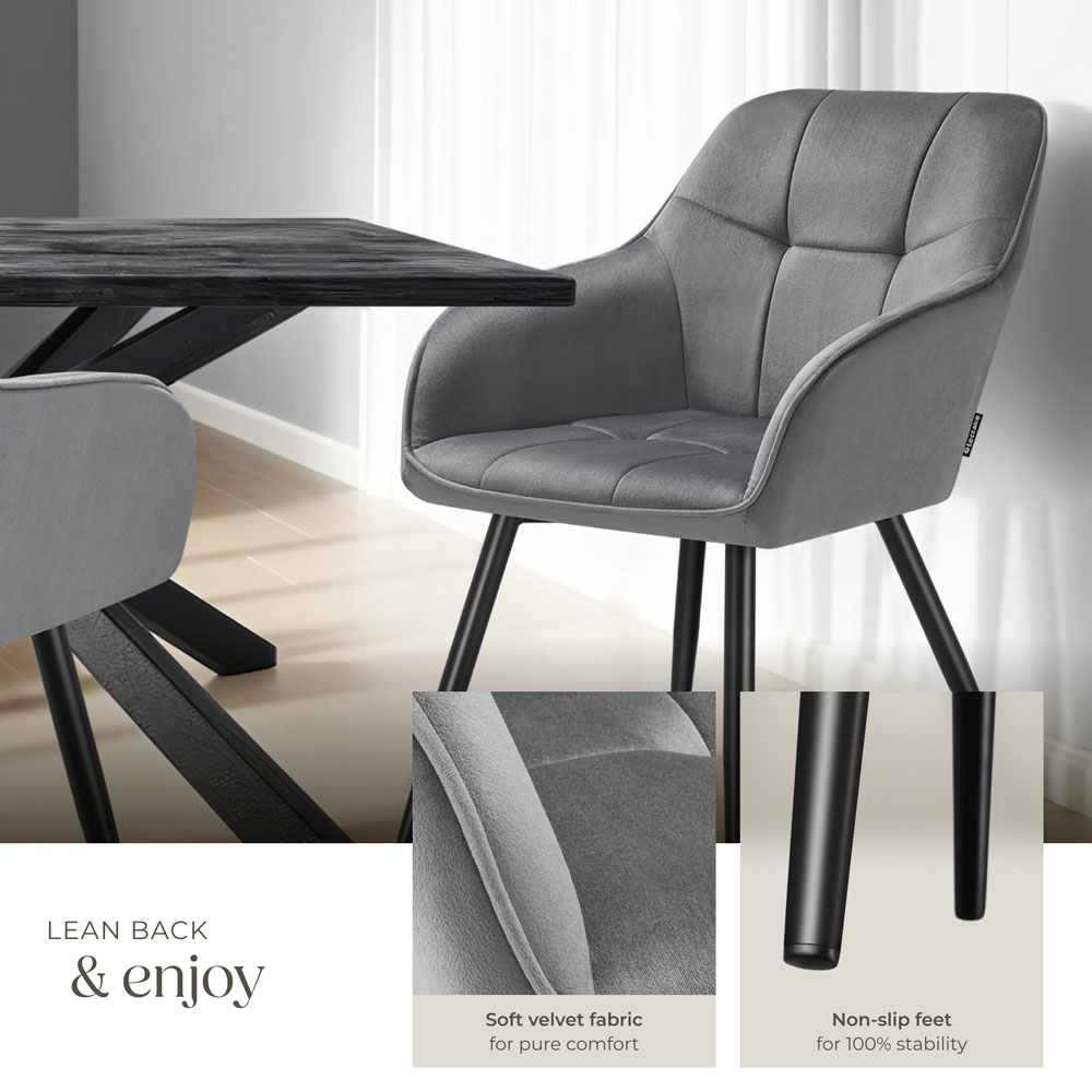 tectake Marilyn Set of 6 Grey and Black Quilted Velvet Dining Chair Image 5